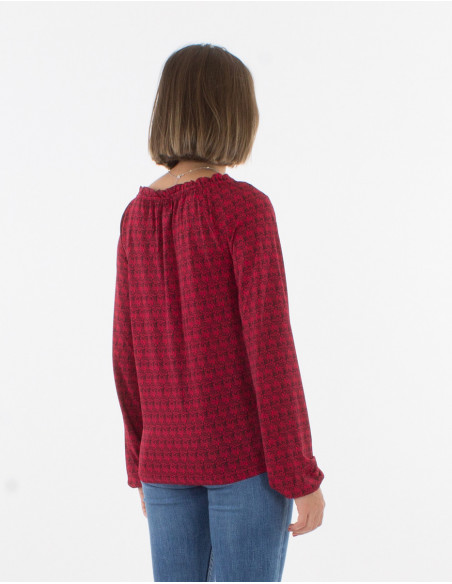 Blouse imprimé bambou à col froncé rouge