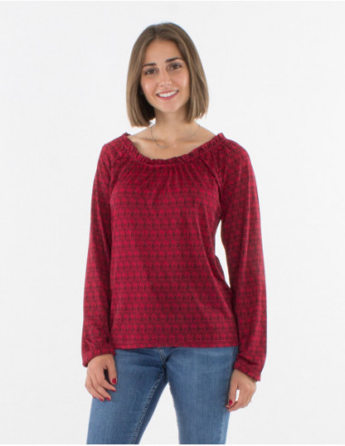 Bamboo print blouse with gathered collar