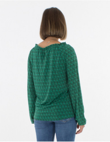 Bamboo print blouse with gathered collar