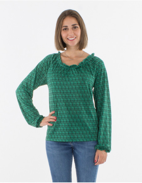 Blouse imprimé bambou à col froncé verte