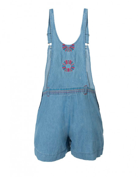 Denim overalls and colorful embroidery