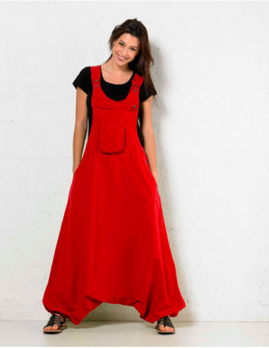Combi ethnique coton unie rouge fourche basse