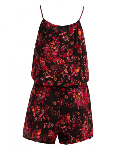 Combishort fleurs colorées fines bretelles noire