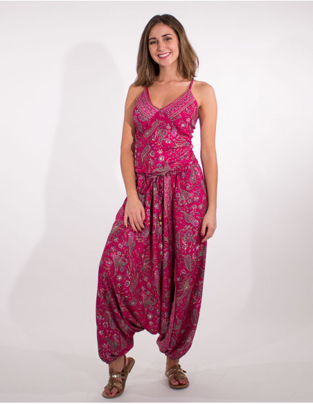 Combi sarouel sari dos nu fuchsia ethnique