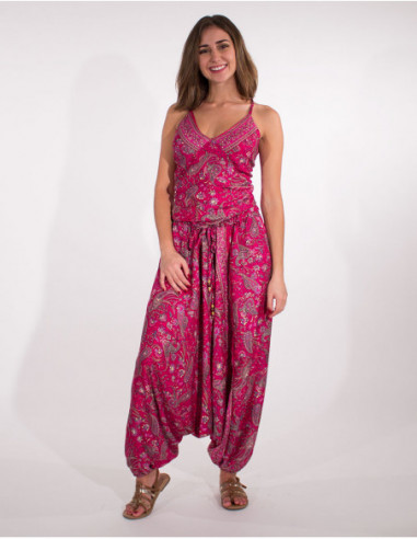 Combi sarouel sari femme dos nu fuchsia chic