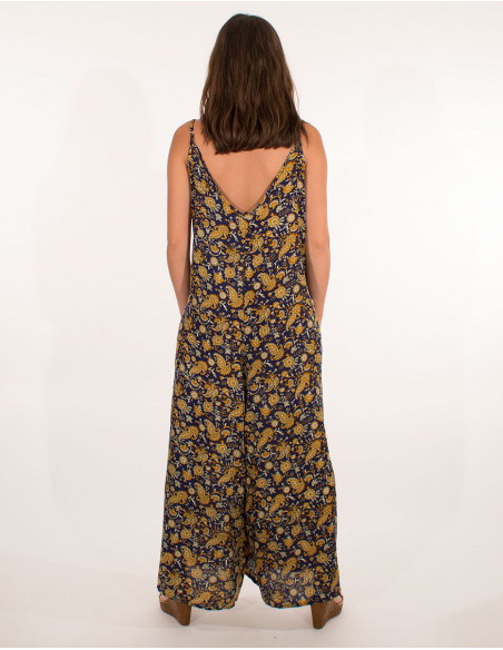 combi pantalon polyester fond noir chic fines bretelles