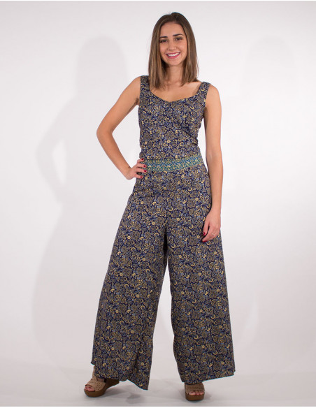 Combi pantalon large pour femme smockée et cintrée ethnique