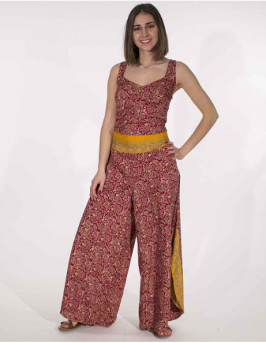 Combi pantalon large pour femme smockée et cintrée rouge bordeaux