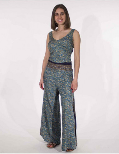 Combi pantalon large pour femme smockée et cintrée bleu pétrole