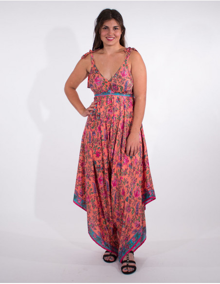 Combi pantalon ethnique effet jupe culotte rose décolleté sexy