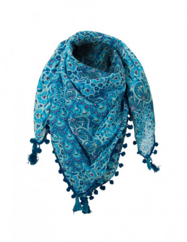foulard femme bleu imprimé exotique à pompons
