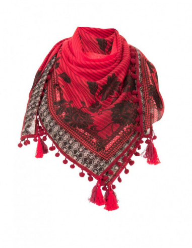 foulard carré rouge imprimé avec pompons