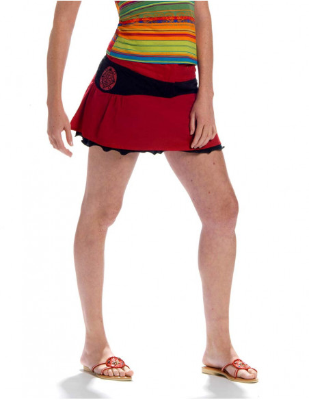 Mini jupe bicolore ethnique rouge et noire
