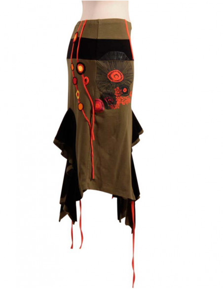 Jupe asymétrique à pans baba cool originale kaki pour femme