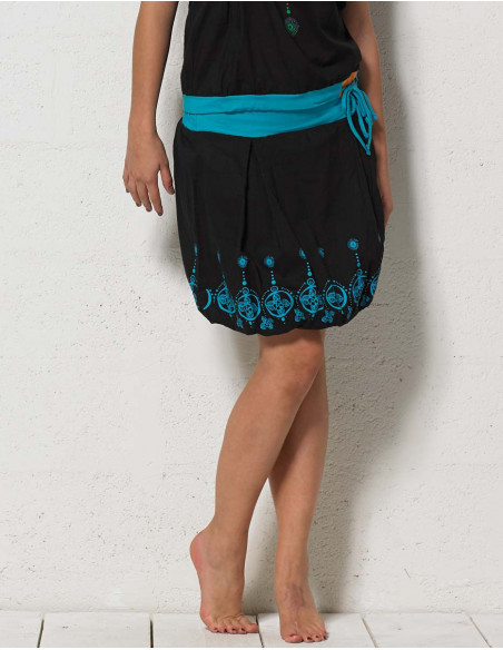 Jupe courte bouffante ethnique baba cool noir et bleu