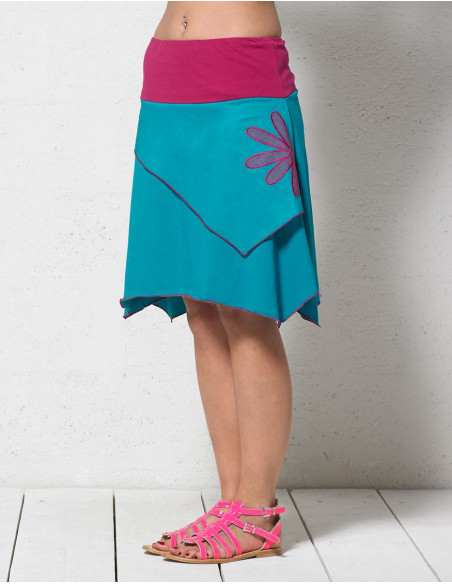 jupe courte coton été asymétrique patch fleur ethnique