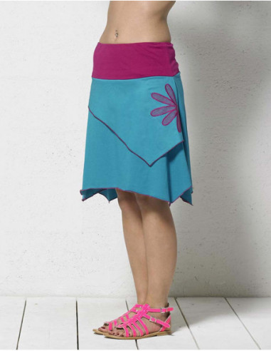 jupe courte été turquoise et rose asymétrique patch fleur