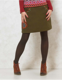 jupe courte kaki hiver ethnique doublée à l'imprimé floral
