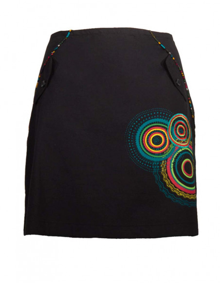 Jupe courte Coline en coton avec broderies baba cool rosaces noir