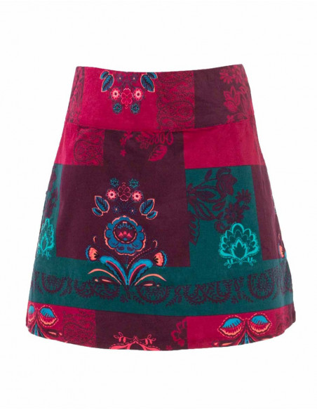 Short floral and colored velvet skirt