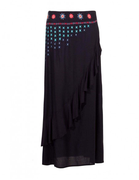 Graphic embroidered long skirt