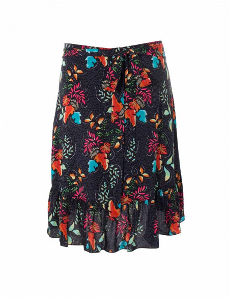 jupe noire à l'imprimé tropical coupe portefeuille