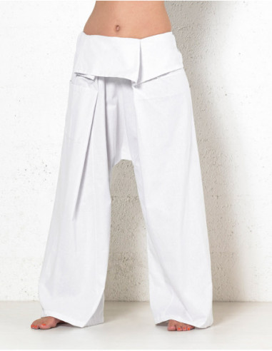 Pantalon ethnique original coupe thai en coton blanc