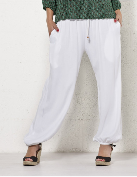 Pantalon léger large avec élastiques pour femme uni blanc