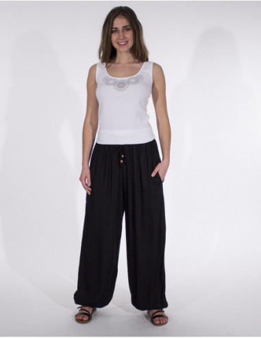 Pantalon fluide style aladin en coton uni bleu marine