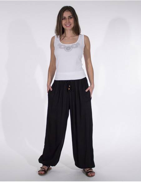 Pantalon fluide style aladin en coton uni bleu foncé