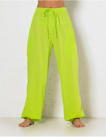 Pantalon large uni en coton vert anis pour femme