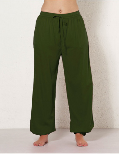 Pantalon large uni en coton vert kaki pour femme