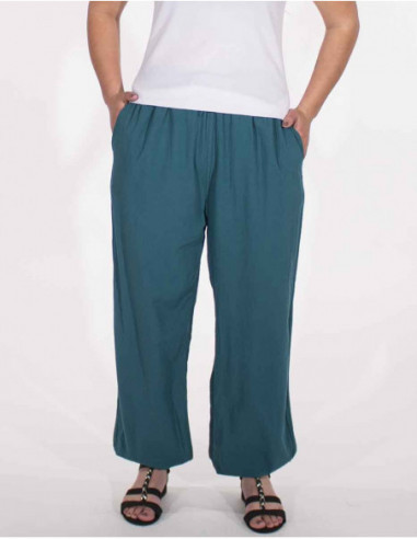 Pantalon large uni en coton bleu pétrole pour femme