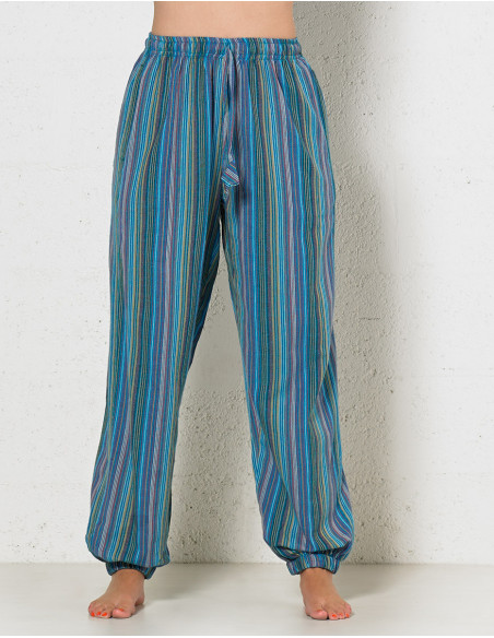Pantalon basique en coton rayé népalais bleu