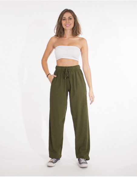 Pantalon basique uni pour l'été en coton kaki