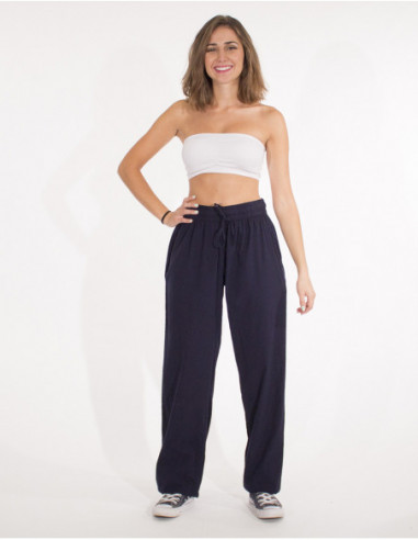 Pantalon basique uni pour l'été en coton bleu marine pour femme