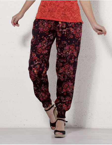 Pantalon d'été à imprimé bohème fleuri noir et rouge