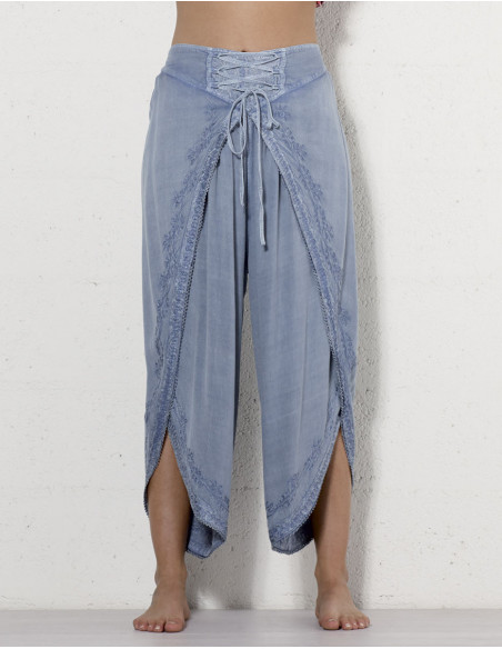 Pantalon large effet paréo en stone wash bleu