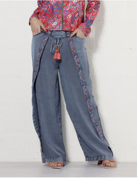 Pantalon effet paréo en jean hippie chic bleu