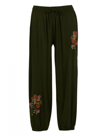 Pantalon femme noir pour l'été broderies fleurs