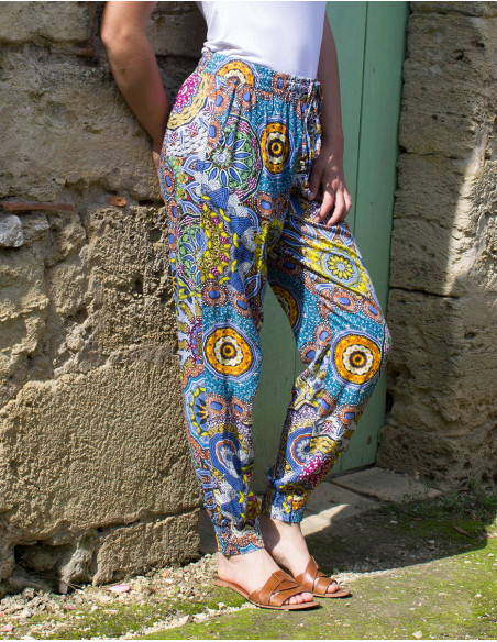 Pantalon droit d'été bariolé baba cool bleu