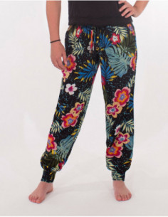 Pantalon d'été noir slim avec élastiques et imprimé tropical fleurs