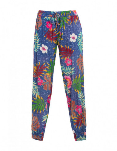 Pantalon d'été bleu slim avec élastiques et imprimé tropical fleurs