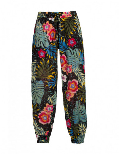Pantalon d'été noir slim avec élastiques et imprimé tropical fleurs pour femme