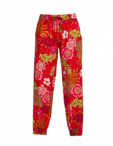 Pantalon d'été rouge slim avec élastiques et imprimé tropical fleurs