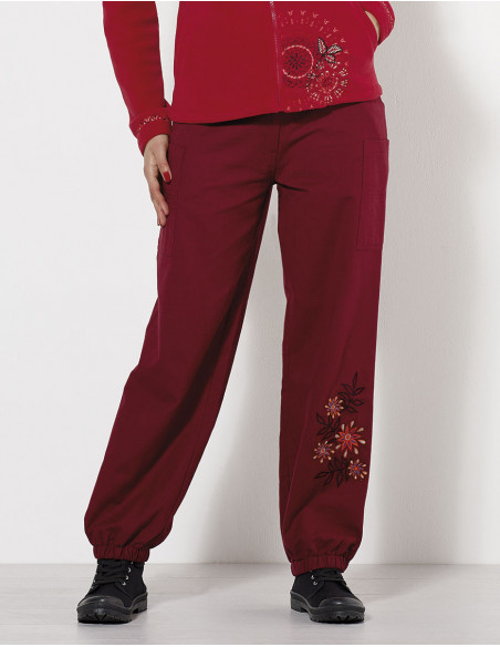 Pantalon en coton coupe carotte avec broderies pour femme