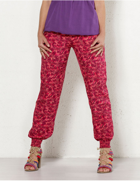 Pantalon slim fluide d'été pour femme imprimé feuilles rose fuchsia