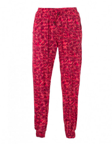 Pantalon slim fluide d'été pour femme imprimé feuilles rose fuchsia