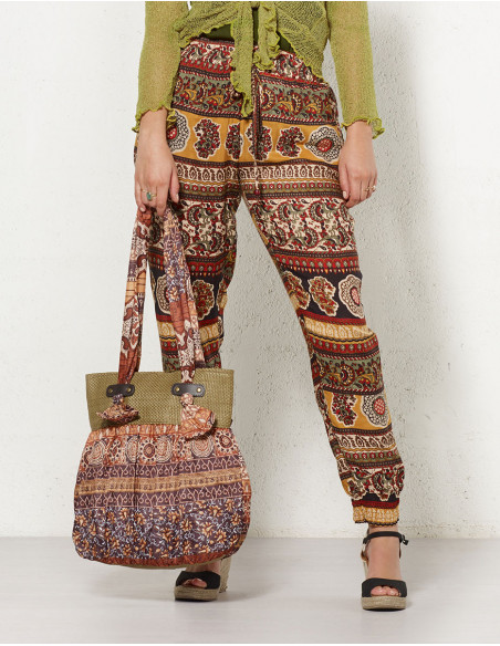Pantalon d'été femme imprimé original éléphant marron