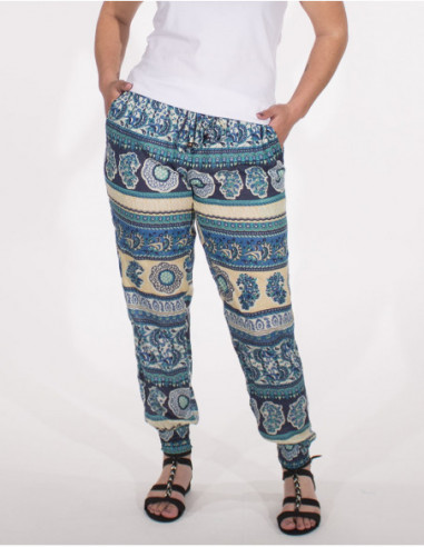 Pantalon d'été femme imprimé original éléphant bleu